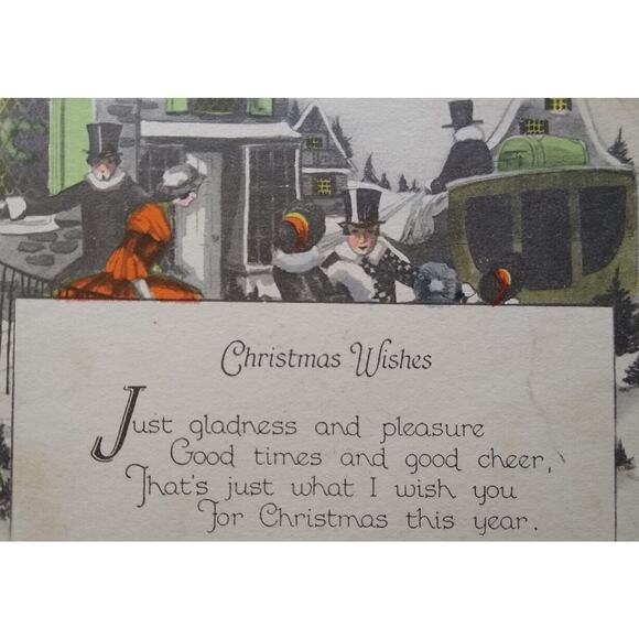 Christmas Wishes Early Greeting Card Victorian People In Village Buggy Vintage - Picture 1 of 3